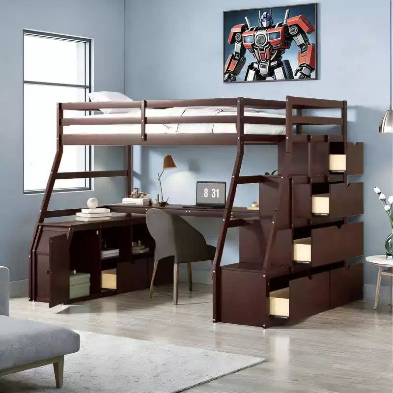 Twin Size Loft Bed with 7 Drawers, 2 Shelves, Cabinet and Desk for Kids and Teens