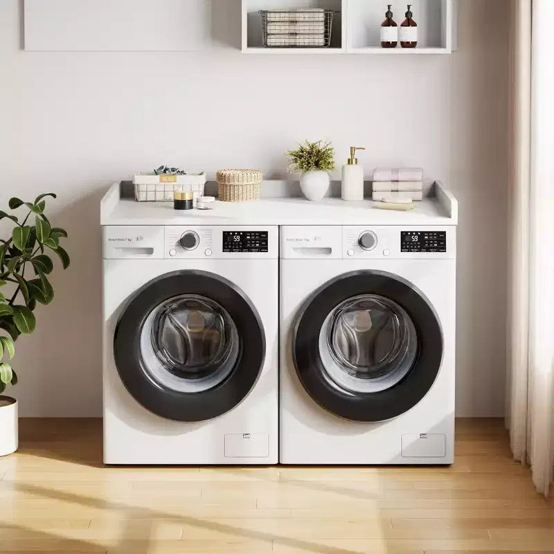 Aanrechtblad voor wasmachine en droger, wasruimteblad met opstaande rand en antislipmat voor opbergruimte voor wasmanden en organisatie van de wasruimte