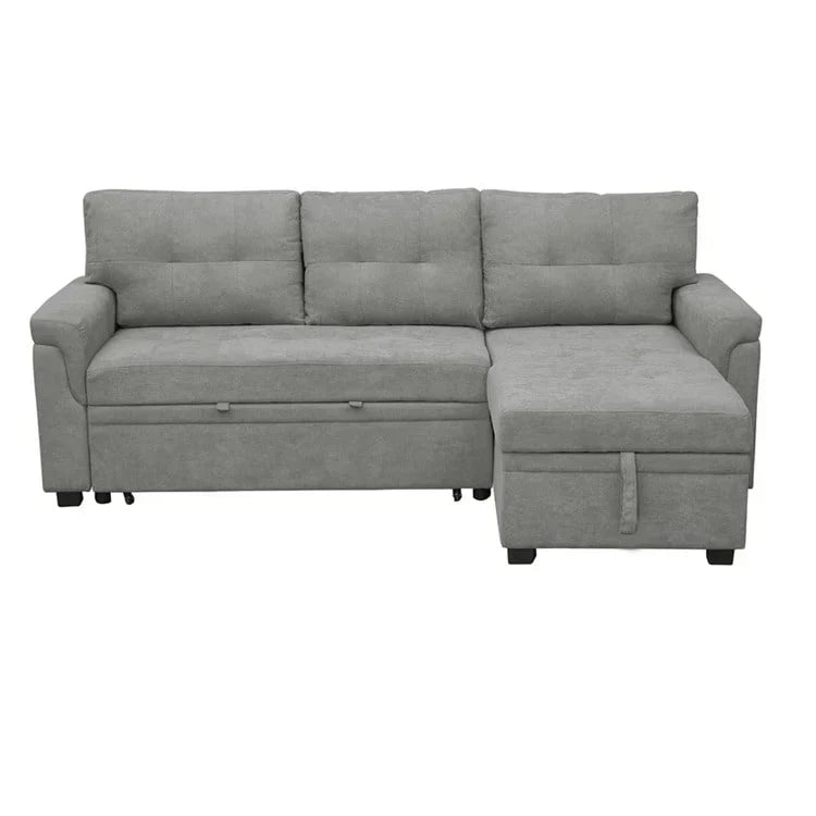 Divano componibile reversibile trasformabile con letto estraibile, chaise longue con contenitore nascosto e gambe resistenti