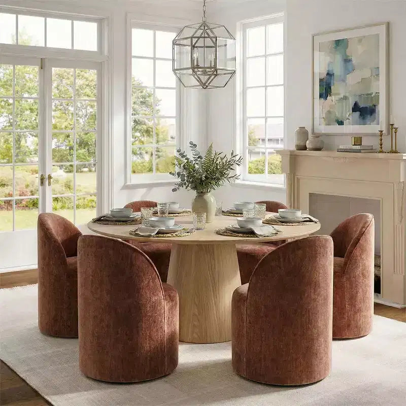 Set da pranzo moderno per 6 persone, tavolo da pranzo rotondo con base centrale, sedie a botte girevoli con ruote, in ciniglia testurizzata - Panipeachy