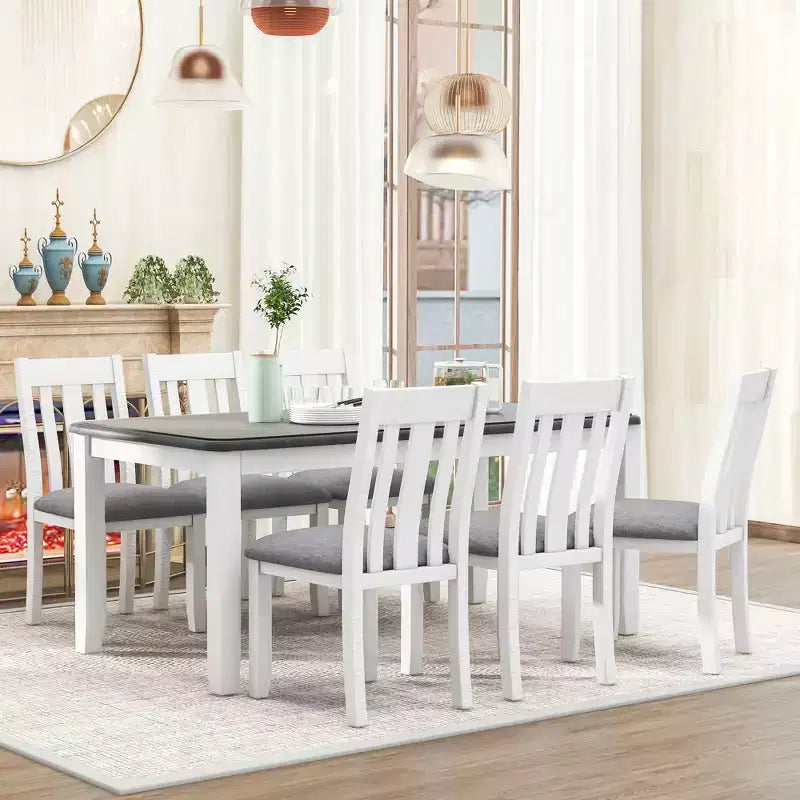 Farmhouse Extendable Dining Table Set for 6, Rectangular Table and 6 Upholstered Chairs