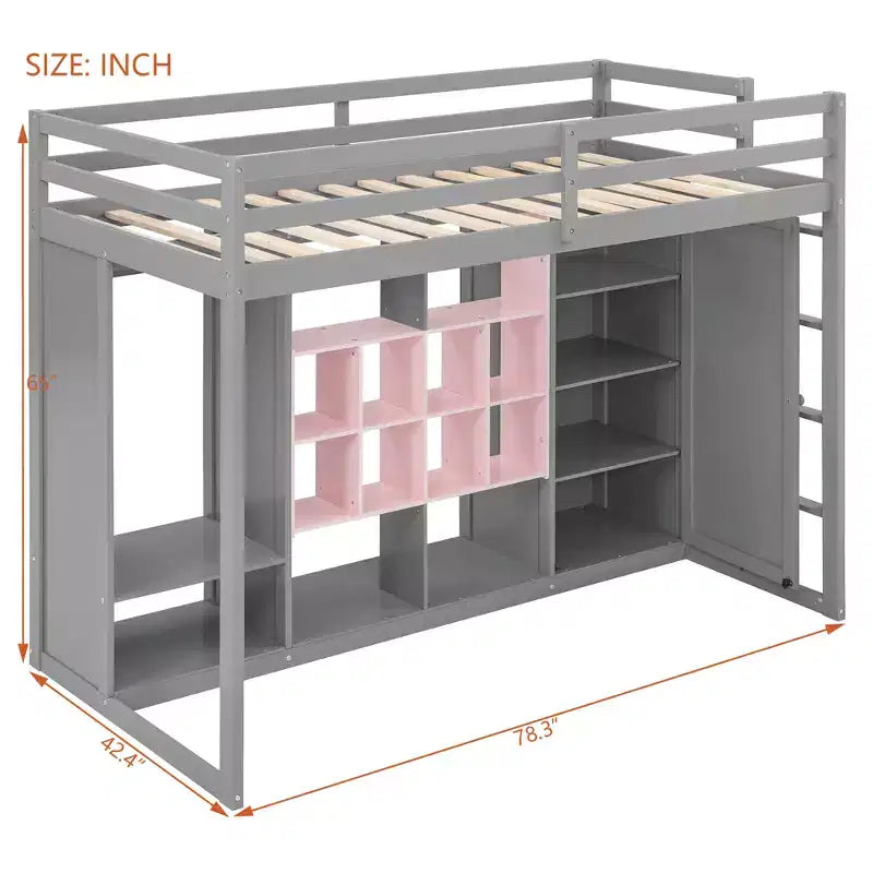 Letto a soppalco per bambini con armadio e mensole, struttura letto a soppalco in legno con mobile contenitore per bambini e ragazzi