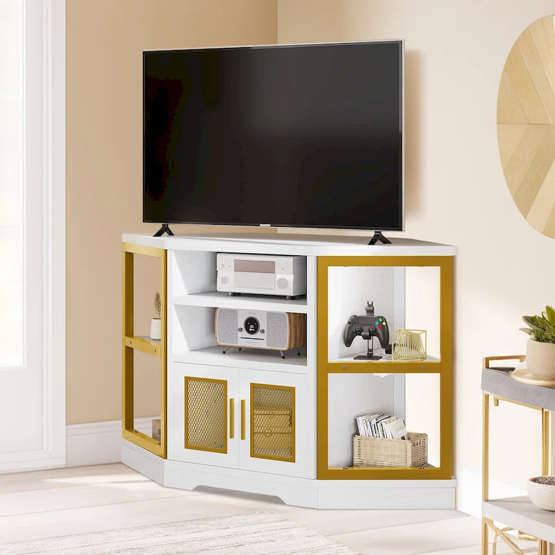 Meuble TV d’angle de style maison de campagne, centre de divertissement et console multimédia pour téléviseurs jusqu’à 55 po, avec prise électrique