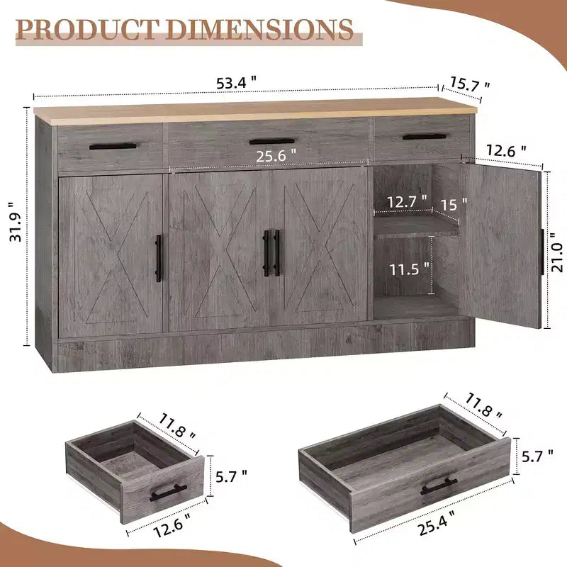 Celebalcony Buffet-Schrank mit Stauraum, 53,4 Zoll großer Küchenschrank mit 3 Schubladen und 4 Türen, verstellbarem Einlegeboden für Küche und Wohnzimmer