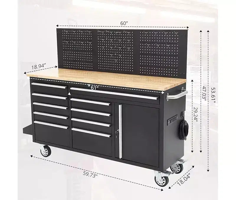 61-Inch 10-Drawer Rolling Tool Chest & Garage Workbench with Power Strip, Solid Rubber Wood Top, 1675 LBS Load Heavy Duty Mobile Workstation Cabinet
