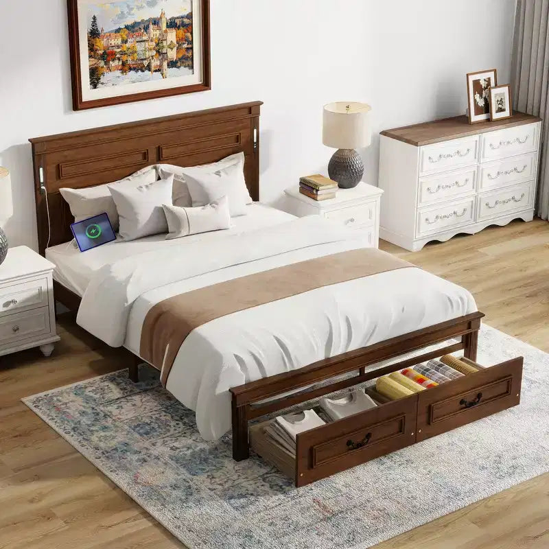 ModernLuxe platformbed voor eenpersoons- of tweepersoonsformaat met hoog hoofdbord, rustiek houten bedframe met 2 laden, ledverlichting en USB-poorten