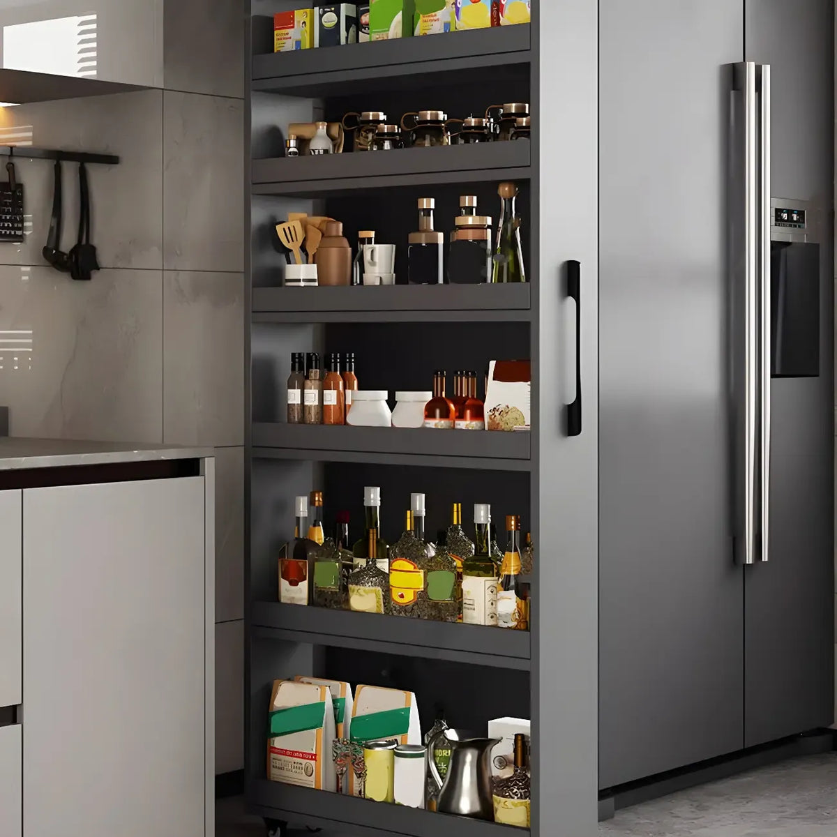 Buffet moderne en bois avec étagères ouvertes et roulettes