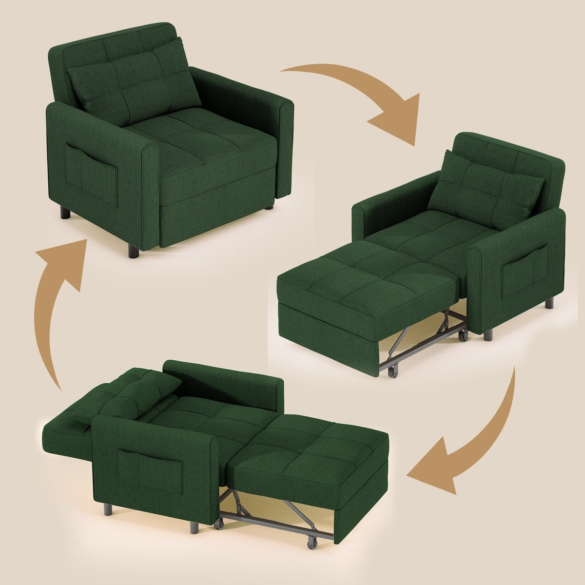 3-in-1-Schlafsofa mit verstellbarer Rückenlehne, ausziehbarer Sessel, umwandelbares Klappbett fürs Wohnzimmer