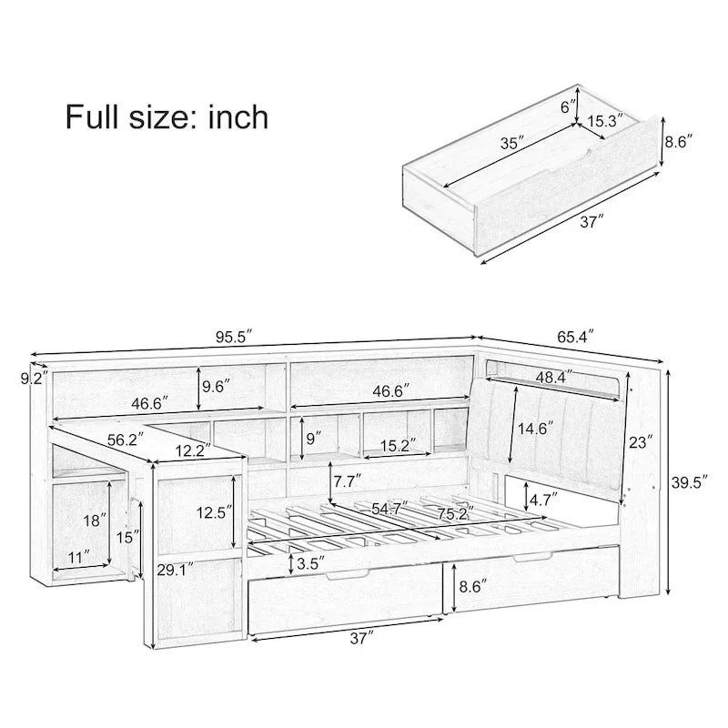L-förmiges Holz-Sofa-Tagesbett mit Schreibtisch, Bücherregal-Schrank, Eckbett mit Schubladen unter dem Bett, gepolstertem Kopfteil und integrierter Beleuchtung