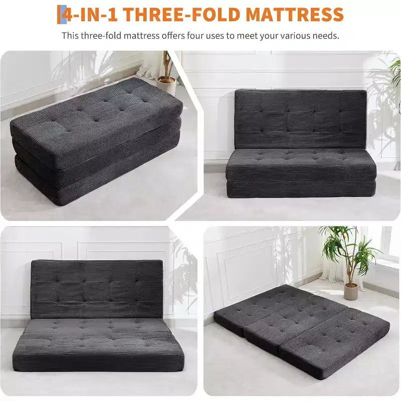 SunnyFurn 15,2 cm dreifach faltbares Matratzen-Sofa-Bett, 190,5 x 138 cm großes faltbares Schaumstoff-Gästebett mit Cordbezug und Knopfsteppung, tragbar für Camping, Wohnzimmer und Schlafzimmer