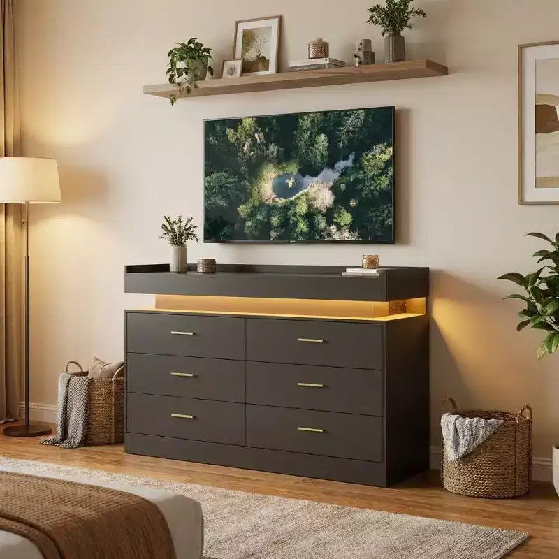 Meuble TV moderne avec 6 tiroirs et éclairage LED, comptoir flottant faisant office de bar à café pour centre de divertissement du salon
