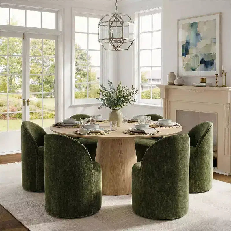 Set da pranzo moderno per 6 persone, tavolo da pranzo rotondo con base centrale, sedie a botte girevoli con ruote, in ciniglia testurizzata - Panipeachy