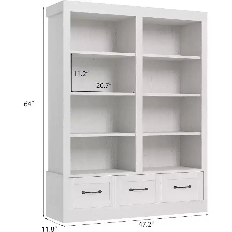 64 H Kitaplıklar ve kitap dolapları, 3 depolama çekmeceli, 4 katlı, çift genişlikte açık raflı ofis ve oturma odası kitaplığı