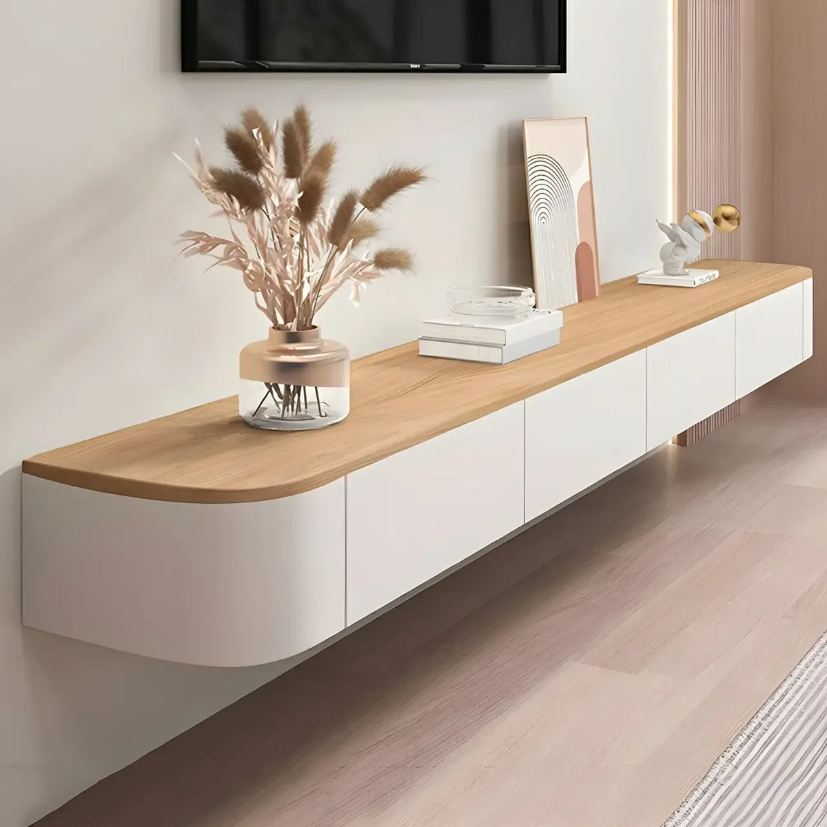 Meuble TV suspendu contemporain, long et blanc, en bois, avec tiroirs