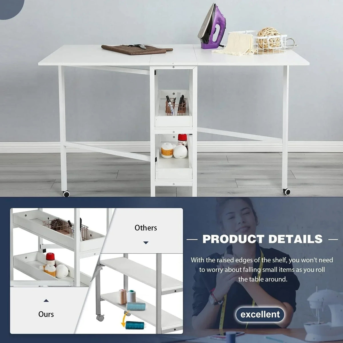 Tavolo da lavoro per hobbistica regolabile in altezza con ripiani contenitori, tavolo da taglio pieghevole e mobile per ufficio domestico, stanza da cucito o stanza creativa
