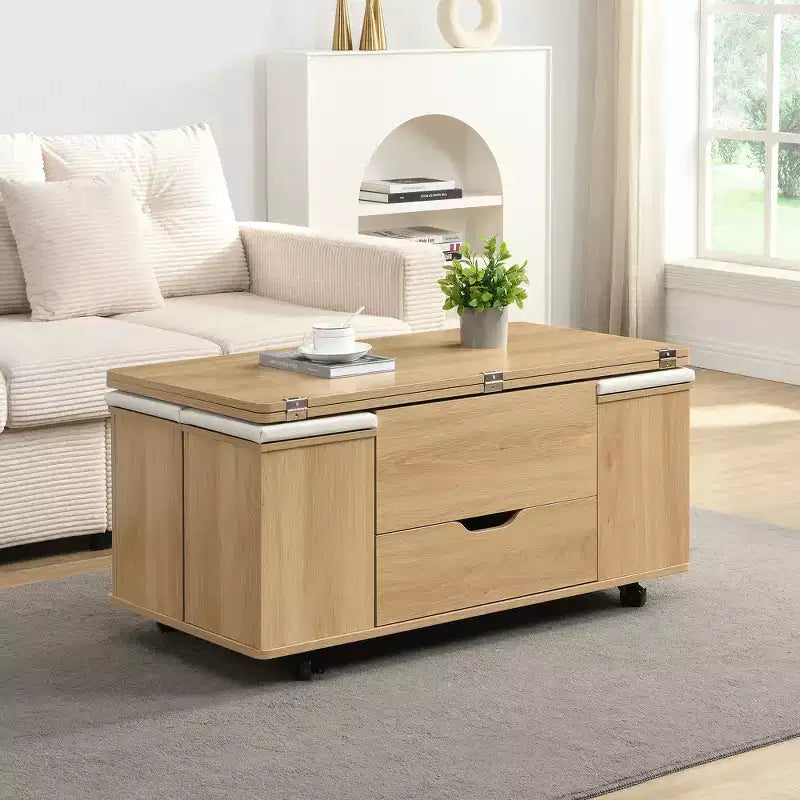 Multi-Function Modern Lift-Top Coffee Table with Hidden Storage, 4 Stools and Casters, Perfect for Modern Living Spaces