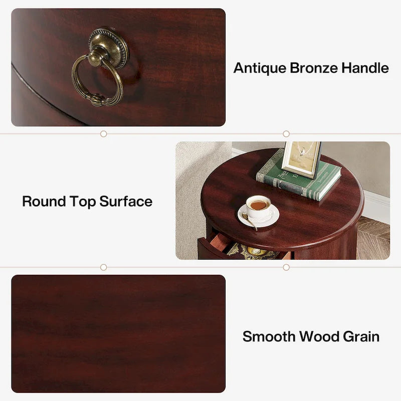 No Assembly Solid Wood End Table, Vintage Round Side Drawers Table