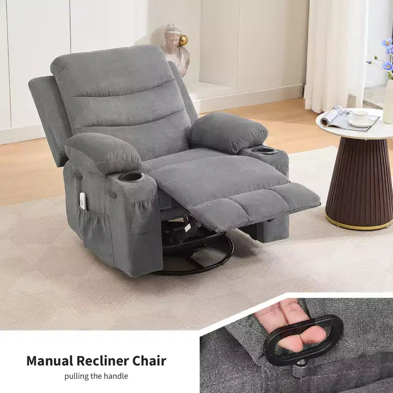 Draaibare relaxfauteuil met massage en warmte, 360°-schommelstoel met bekerhouders en zijvakken, ergonomische loungestoel voor woonkamer, camper en babykamer