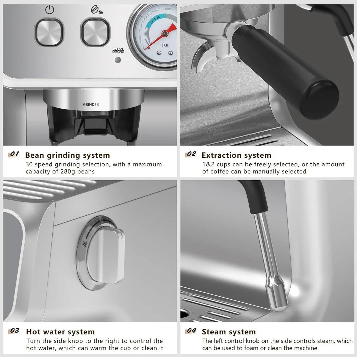 Halfautomatische koffiemachine met intelligente temperatuurregeling en heetwaterfunctie, 30 maalstanden