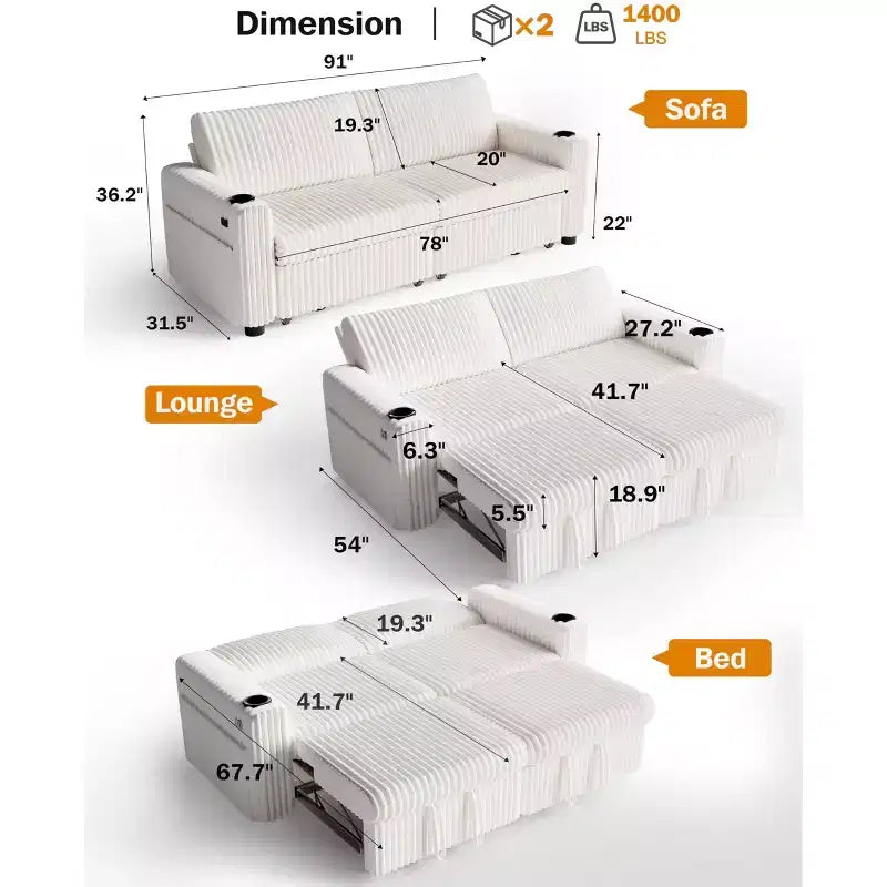 Dyonery 91-delige slaapbank met chaise longue en uitschuifbaar bed, verstelbare rugleuning/twee uitschuifbare bedden/USB-poorten/bekerhouders, zacht corduroy