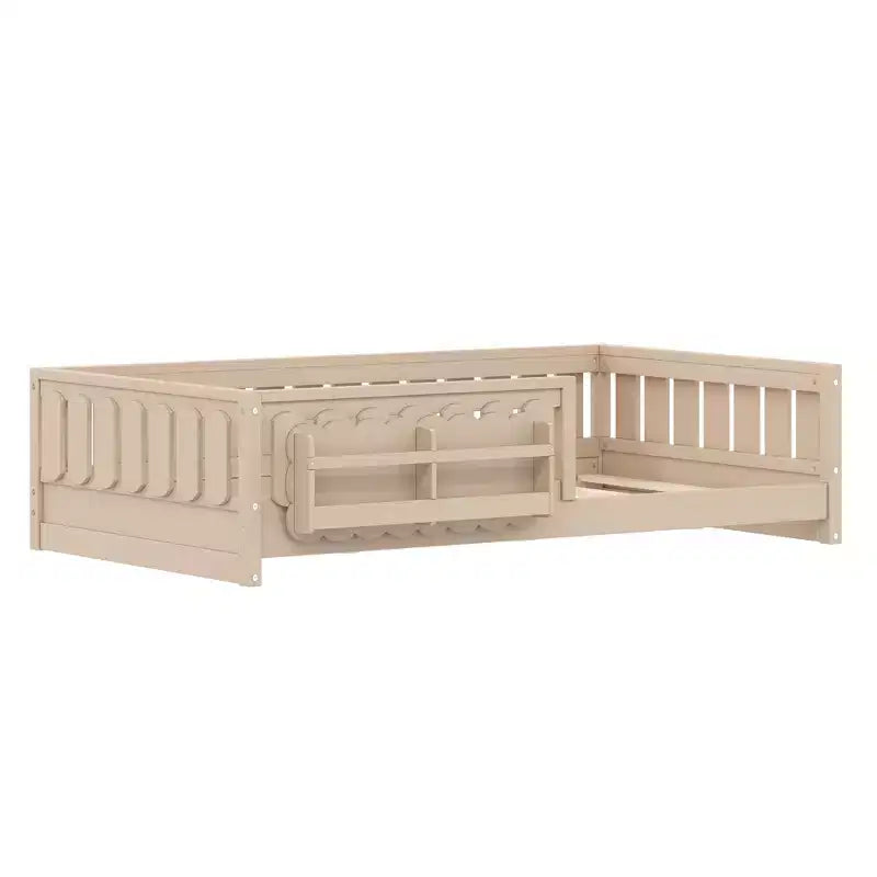Twin and Full Size Kid Platform Bed Frame with Guardrail, Built-in Bookshelves and Storage Shelves