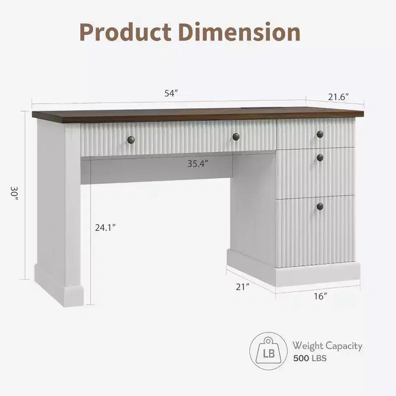 Geriffelter Stauraum-Schreibtisch fürs Homeoffice, moderner Chefschreibtisch mit 54 Zoll und Ladestation, Computertisch aus Holz mit Aktenschubladen fürs Arbeitszimmer