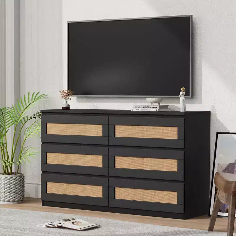 Rattan-Kommode fürs Schlafzimmer mit 6 Schubladen, 119 cm breite moderne Kommode im Landhausstil, Holzschrank mit Stauraum-Organizer für Kleiderschrank, Wohnzimmer und Flur