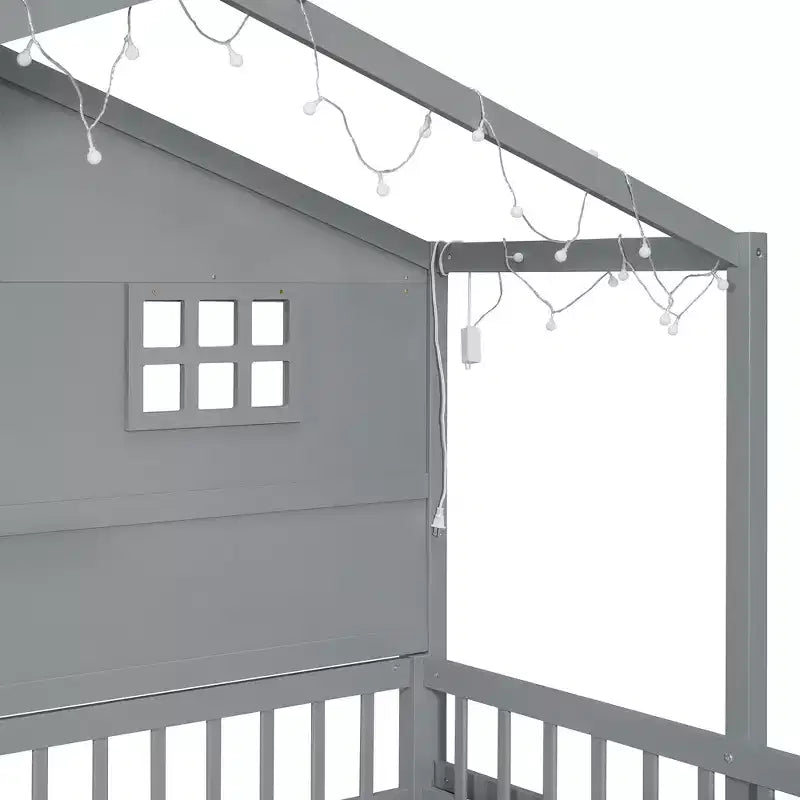Twin Size House Bed with Storage Shelves and Rails, Wood Kids Montessori Bed Frame with Window and Sparkling Light Strip
