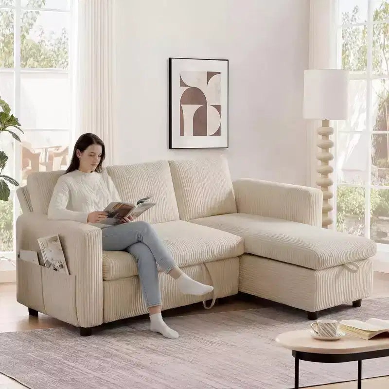 Dyonery 2-in-1-Schlafsofa zum Ausziehen mit Stauraum und Récamiere, Cord-Ecksofa mit USB-Anschlüssen für das Wohnzimmer