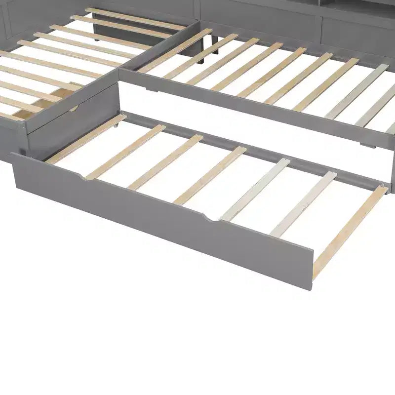 L-förmiges Plattformbett in Twin-Größe mit Ausziehbett und Ladestation, Holzbettrahmen mit Bücherregal