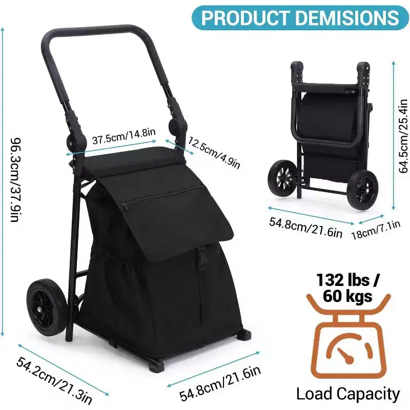 Acekool 2-in-1 Foldable Hand Truck Utility Cart with Removable Waterproof Bag, Thick Seat Cushion & Adjustable Non-Slip Handle, Black