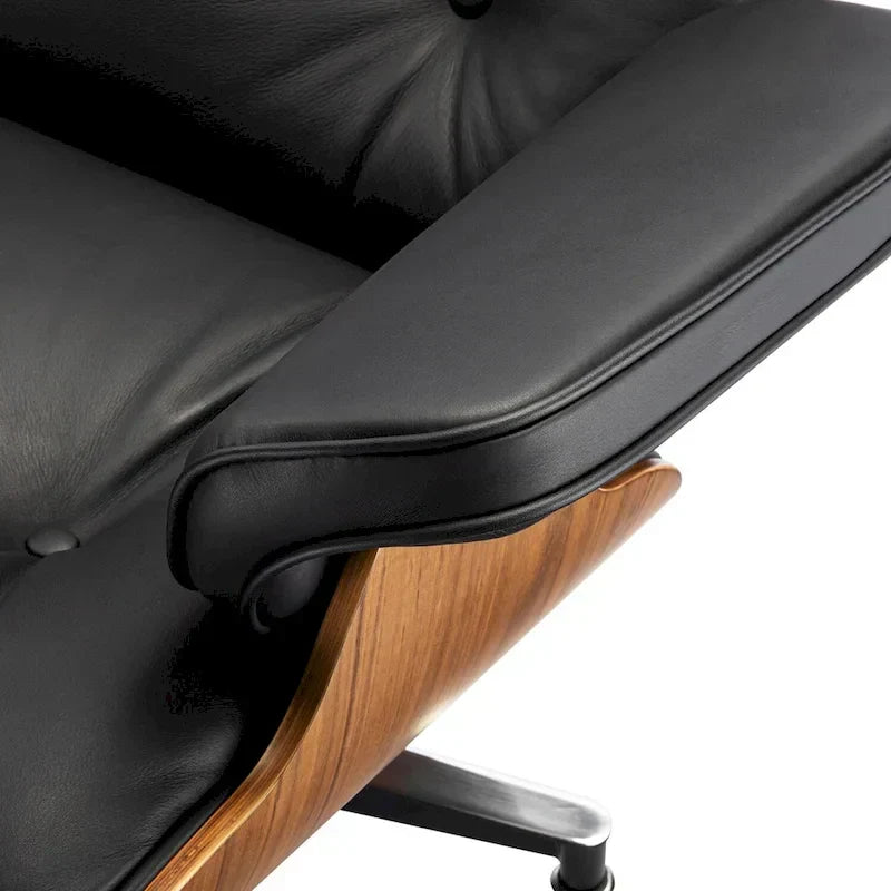 Fauteuil d’appoint et pouf Furgle en cuir véritable, bois de noyer
