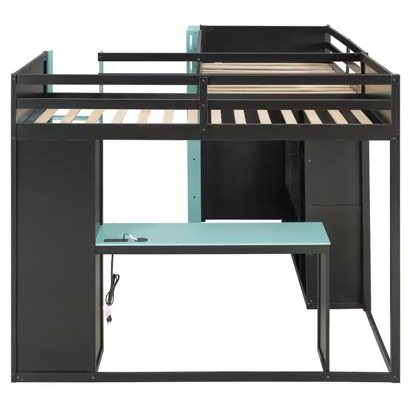 L-Shaped Gaming Loft Bed with Desks, Double Twin Loft Beds with LED Lights, USB Ports, Storage Bookshelves, Wood Corner Loft Bed for 2