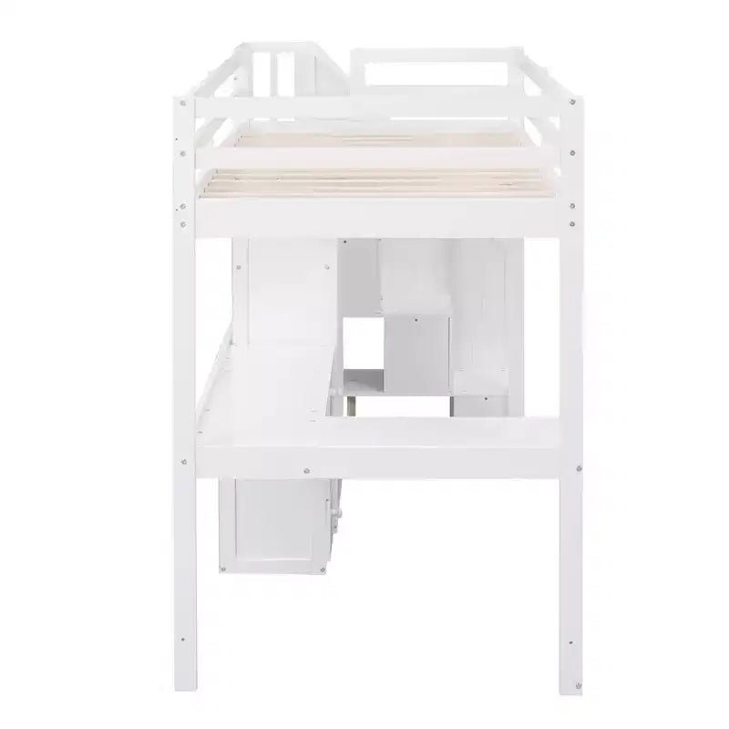 Twin Size Loft Bed with L-Shaped Desk, 3 Drawers, Cabinet, Staircase Storage, Solid Pine/MDF Build