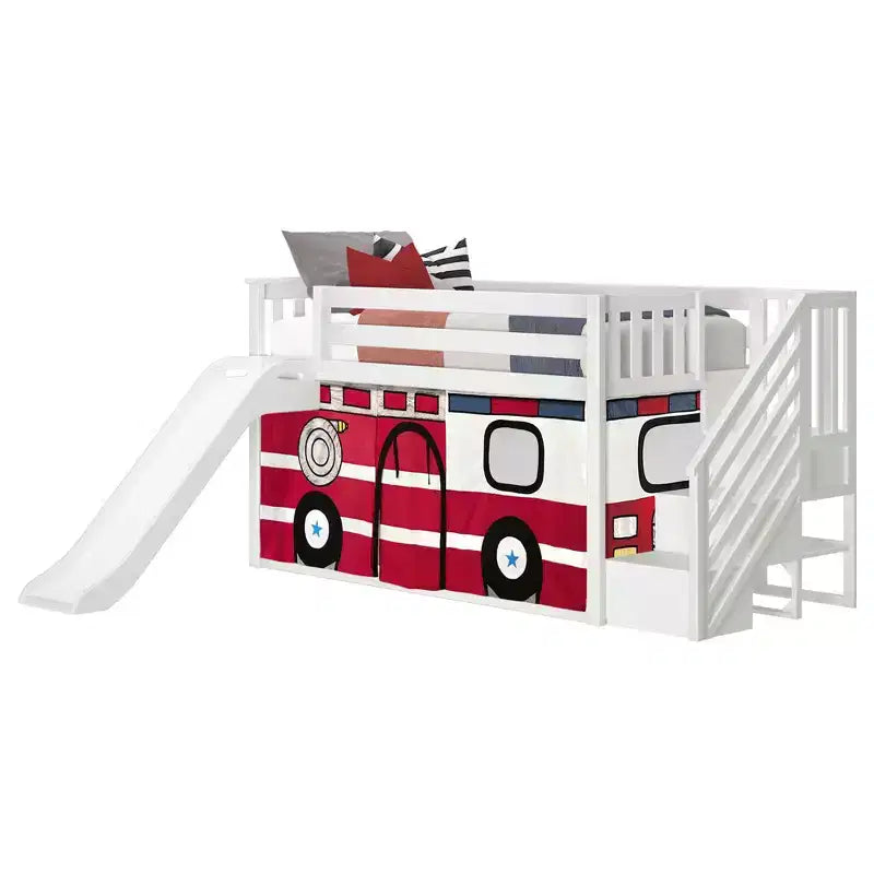 Low Twin over Twin Bunk With Stairs, Easy Slide & Firetruck Curtain