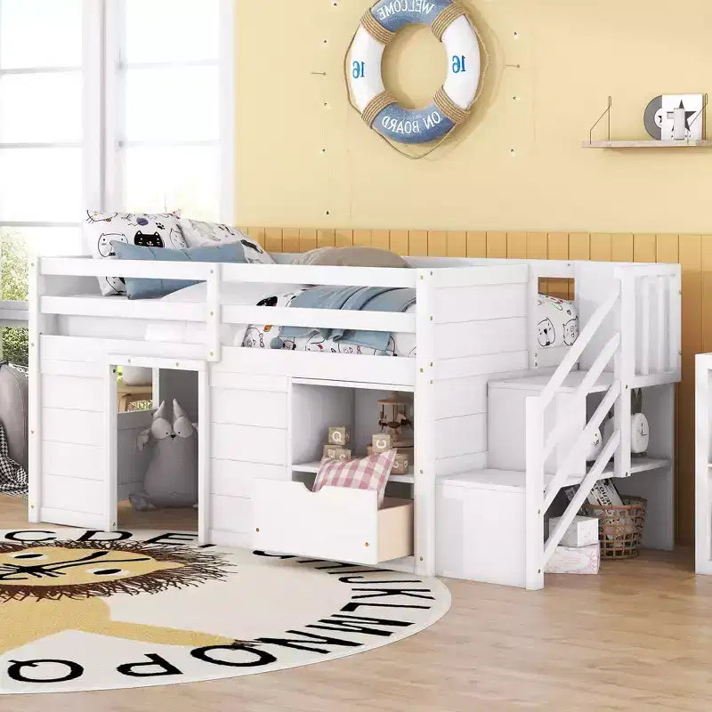 Okak Solid Wood Twin Loft Bed with Stairs & Storage,Low Profile Bunk Beds Twin with Drawers & Shelves,Multi-Functional Loft Beds for Kids,Teens