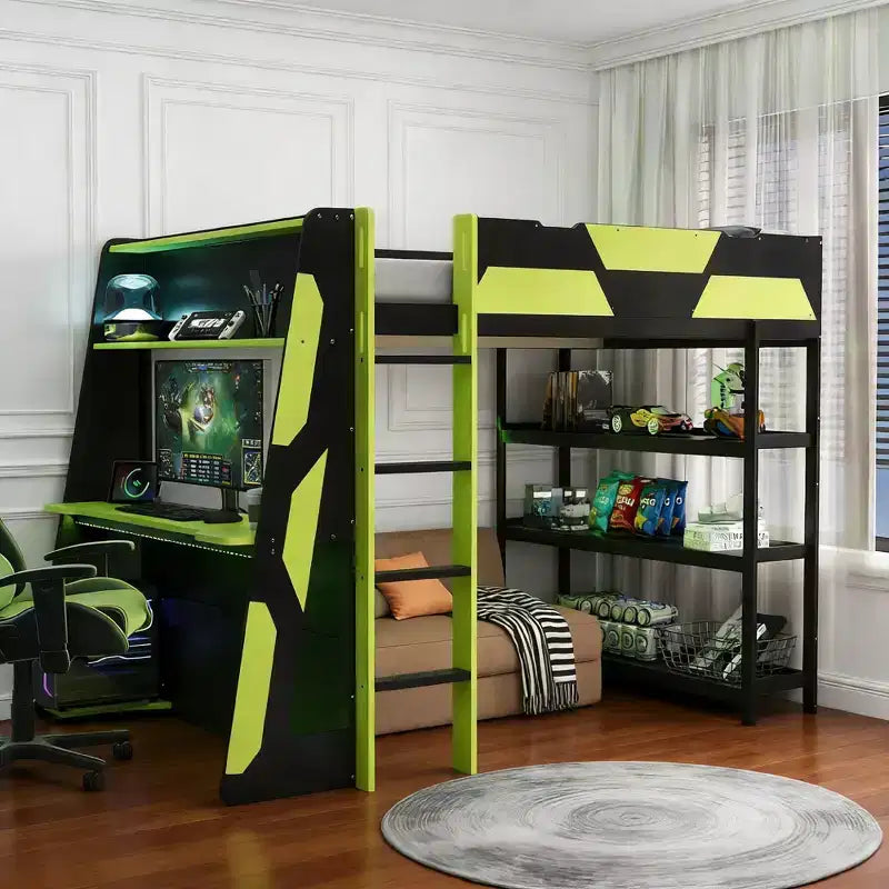 Luxystar Full Gaming Loft Bed with Desk, Storrage Shelves and Lights