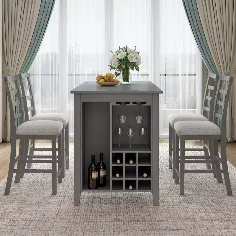 Ensemble de salle à manger de style maison de campagne 5 pièces, hauteur comptoir, avec chaises pour 4 personnes, table rectangulaire en bois avec étagères de rangement et compartiment pour bouteilles de vin