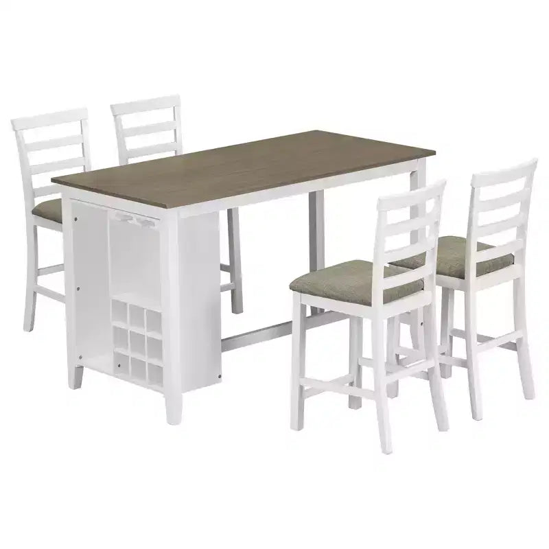 Ensemble de salle à manger de style maison de campagne 5 pièces, hauteur comptoir, avec chaises pour 4 personnes, table rectangulaire en bois avec étagères de rangement et compartiment pour bouteilles de vin
