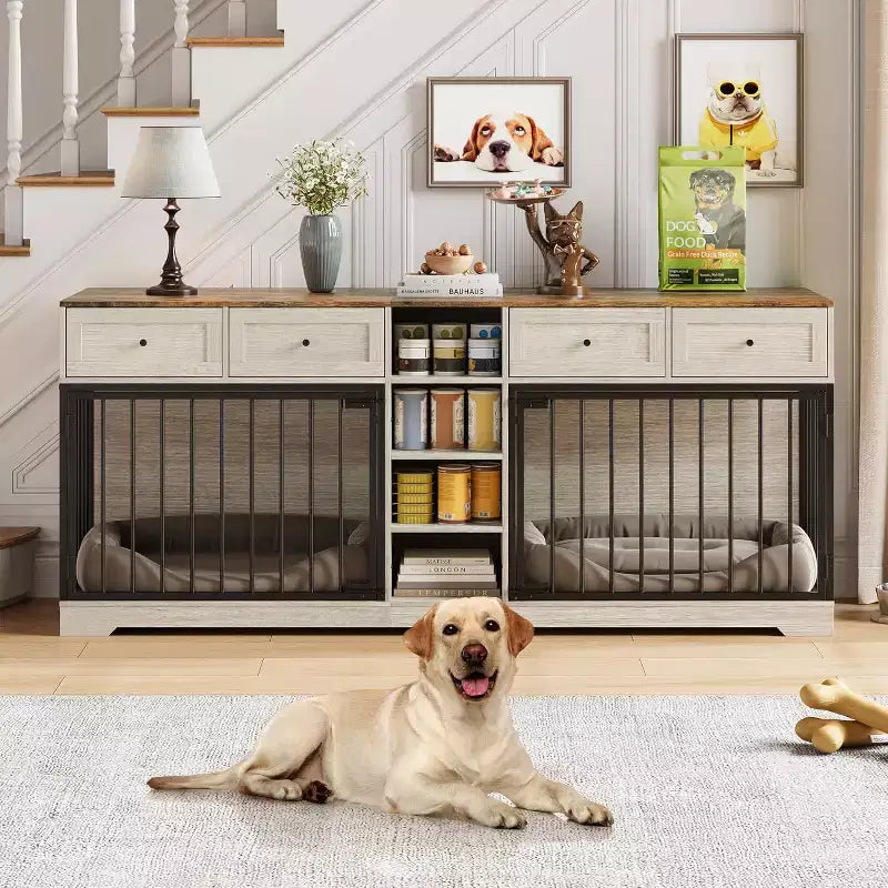 82 Cuccia doppia per cani in stile mobile, grande kennel per interni per 2 cani, cuccia in legno resistente con supporto TV, 4 cassetti e ripiani