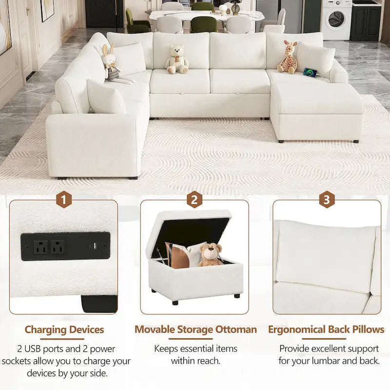 Chenille Sectional Sofa Pull-out Sofa Bed, L-Shape Sleeper Sofa with Storage Ottoman, 3 Pillows and Charging Devices