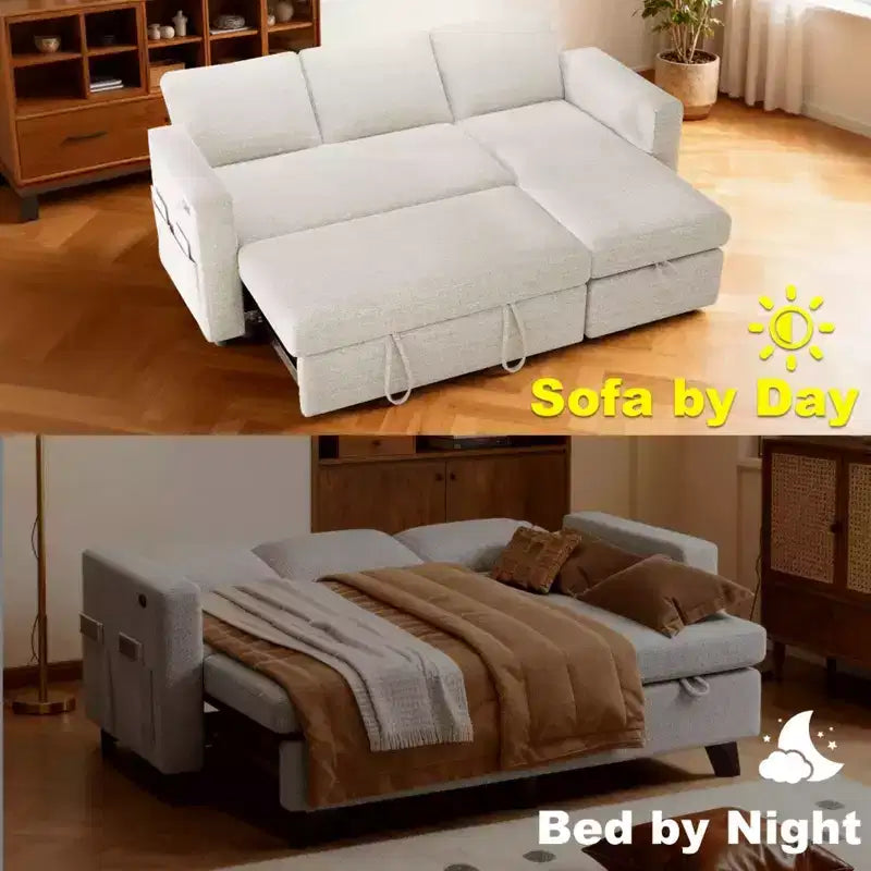 2-in-1-Ausziehsofa mit Stauraum und Ottomane, Chenille-Ecksofa mit USB-Anschlüssen für das Wohnzimmer