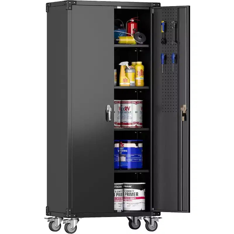 Garage Storage Cabinet with Wheels & Pegboard, 72 H Locking Metal Storage Cabinet with 2 Doors & 4 Adjustable Shelves for Garage Workshop