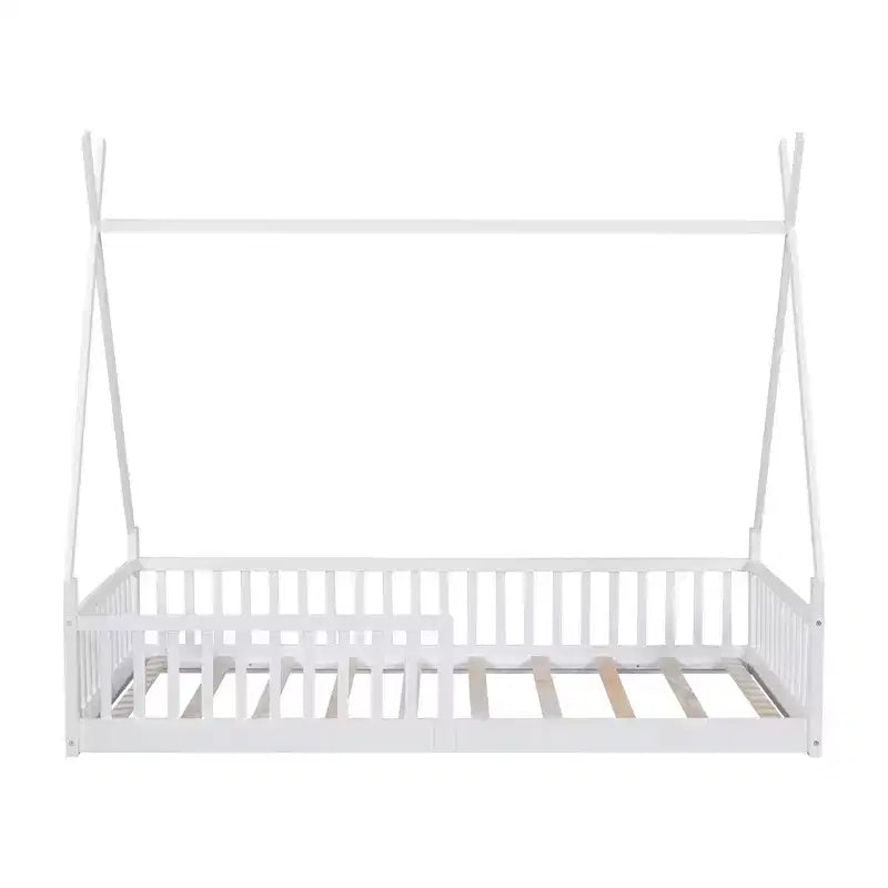 Floor Bed for Kids, Twin Size Tent Beds, Montessori Floor Bed with Slats and Fence Rails, Wood House Bed Frame for Boys Girls