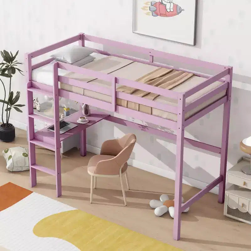 Okak Minimalism Loft Bed with Ladder, Rubber Wood Twin Loft Bed with Safety Guardrail and Build-In Desk, Bed Frames for Kids, Teenagers