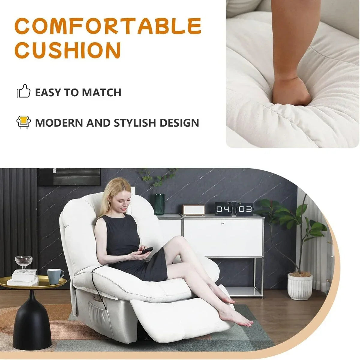 XINMICS draaibare elektrische relaxstoel, massagestoel met schommelstand, verwarming, USB, USB-C en zijvak