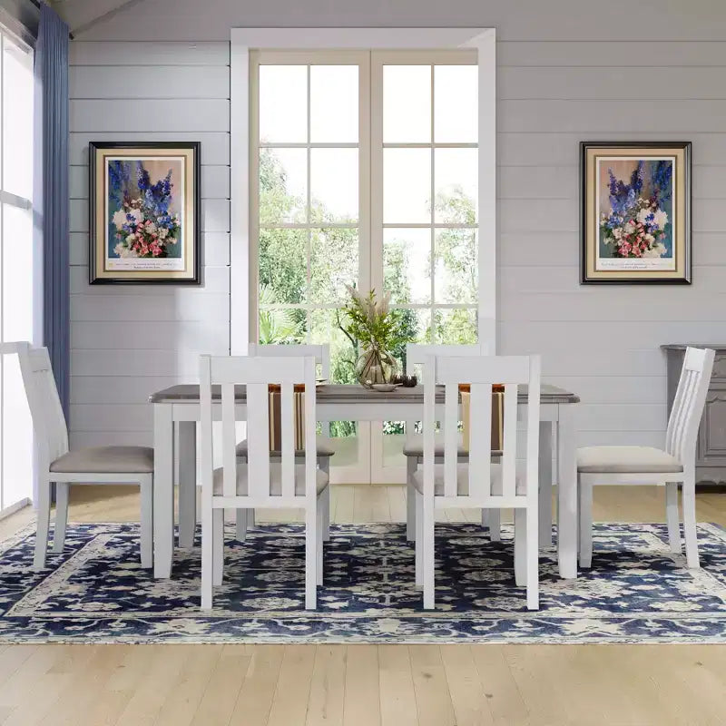 Farmhouse Extendable Dining Table Set for 6, Rectangular Table and 6 Upholstered Chairs