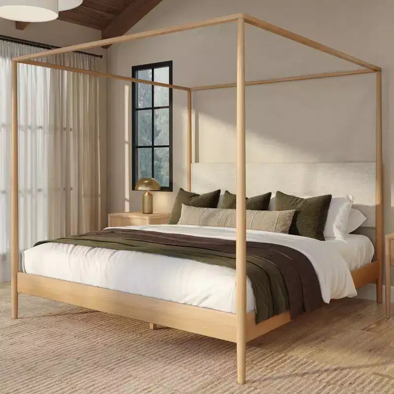 Letto king-size a baldacchino Harbor con testiera imbottita, biondo/Caffè svizzero (MD2411-01)