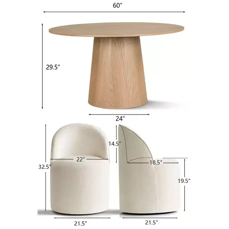 Modern Dining Table Set For 6, Round Pedestal Dining Table, Swivel Rolling Barrel Chairs With Wheels, Textured Chenille- Panipeachy