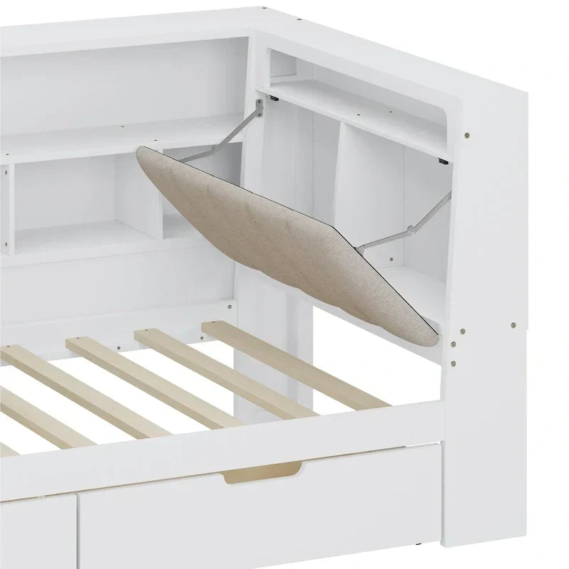 L-förmiges Holz-Sofa-Tagesbett mit Schreibtisch, Bücherregal-Schrank, Eckbett mit Schubladen unter dem Bett, gepolstertem Kopfteil und integrierter Beleuchtung